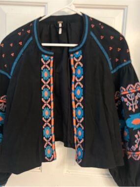 free people boho Black Embroidered Open Front Jacket with Turquoise & Orange